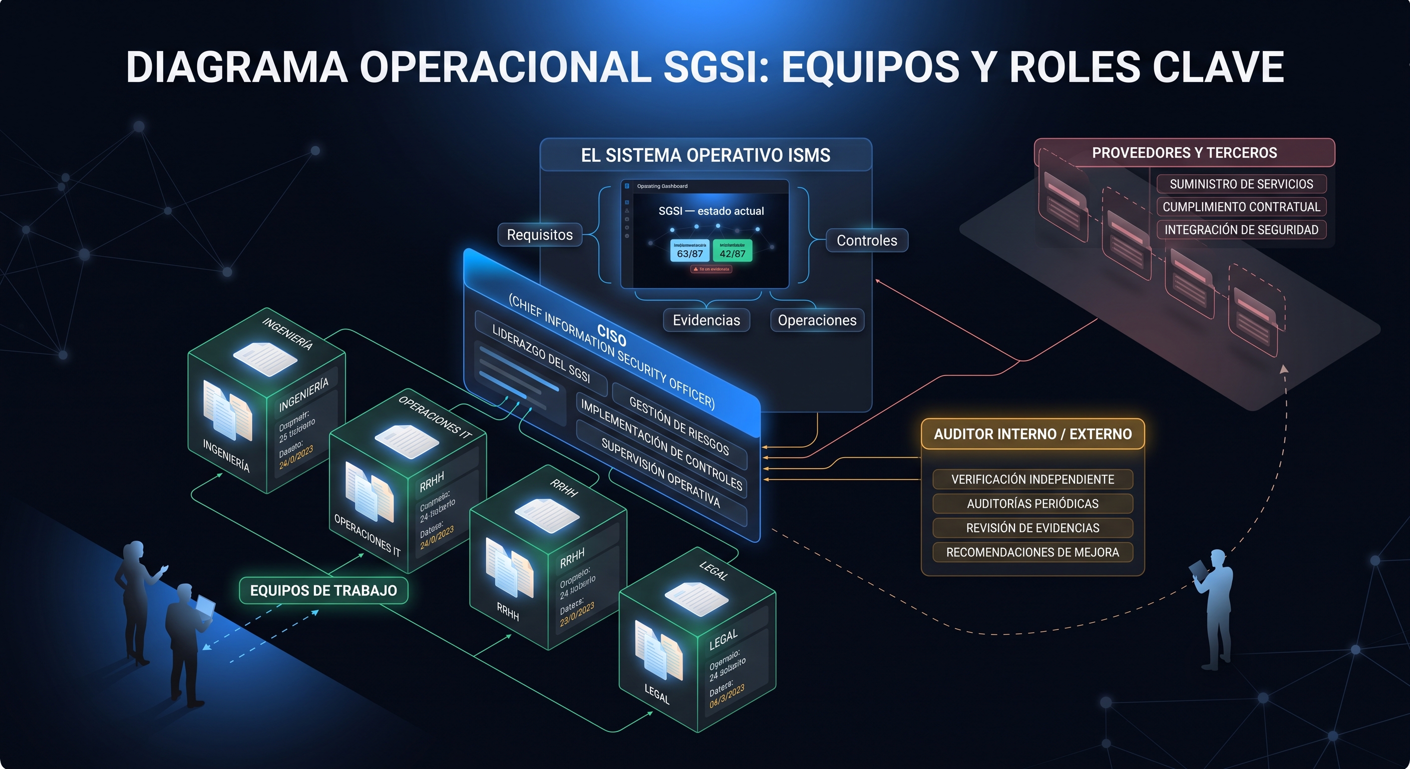 Diagrama operacional del SGSI: equipos, CISO, auditoría y terceros